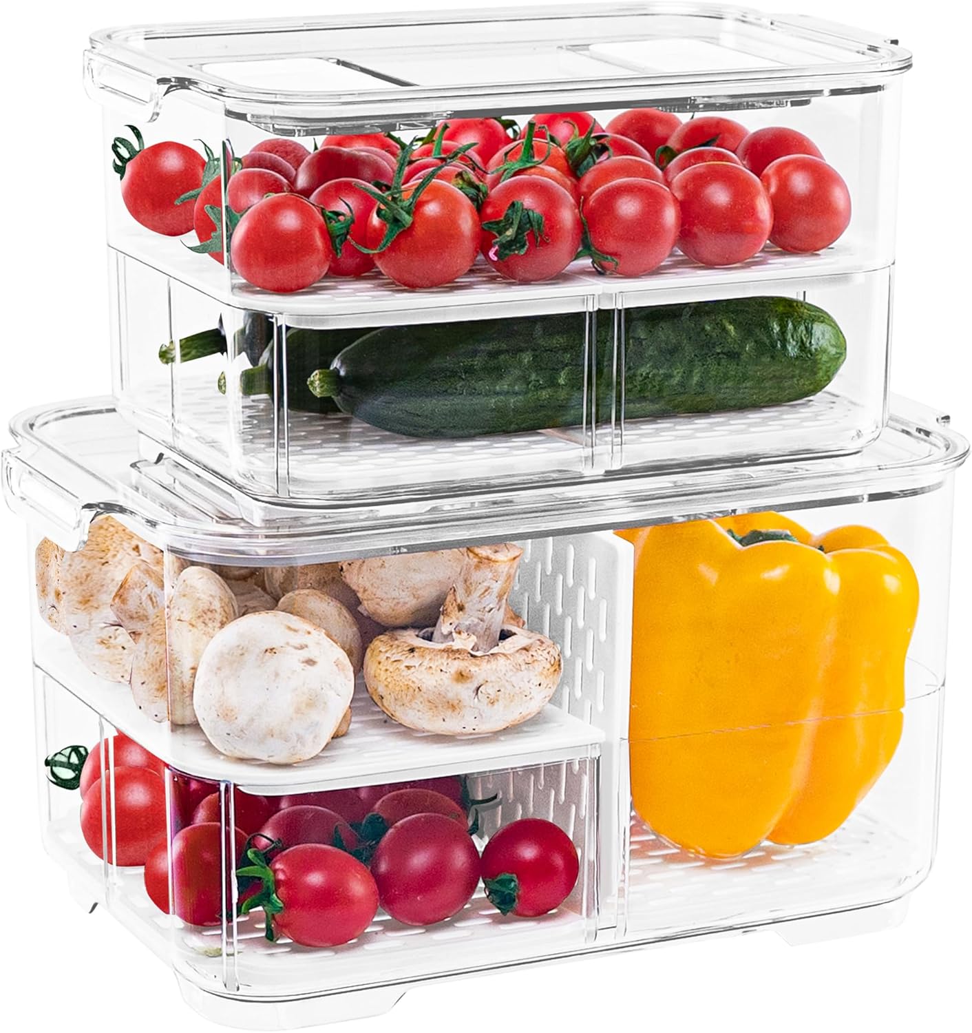 elabo Fruit Storage Containers for Fridge Fresh Produce Saver -3 Pack Stackable Fridge Organizers Bins with Lids, Drain Tray, Food Storage Container for Vegetables, Lettuce, Salad and Berry, BPA-free