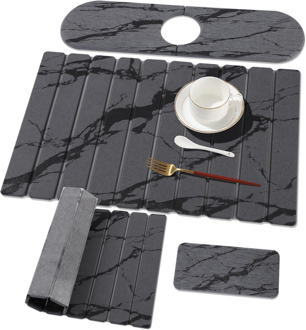 3 PCS Large Stone Dish Drying Mat for Kitchen Counter, Quick Dry Stone Dishes Mats, Sink Faucet Mat, Marble Water Absorbing Diatomaceous Earth Drying Pad for Countertop Tableware, Bottles, Cups