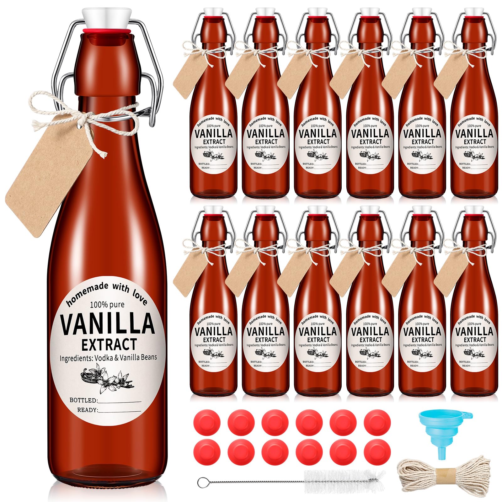 Vesici 8 Sets Swing Top Glass Bottles Set Amber Homemade Vanilla Extract Bottles Vanilla Extract Jars for Christmas DIY Crafts (4 oz)