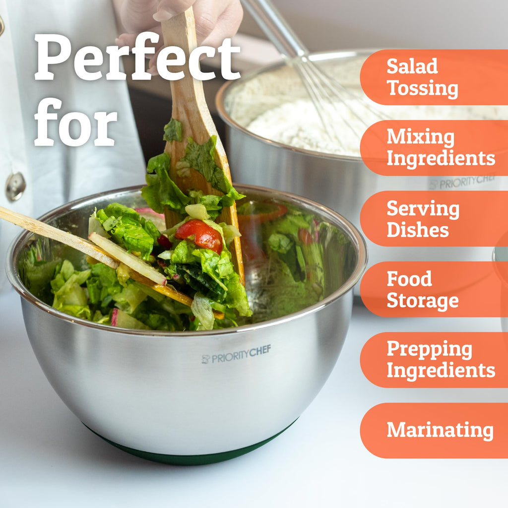 Priority Chef Premium Mixing Bowls With Lids Set, Airtight Lids, Thicker Stainless Steel, Non-Slip Base, 5 Nesting Steel Bowls for Kitchen, Large Prep Metal Bowl Set 1.5/2/3/4/5 Qt, Black