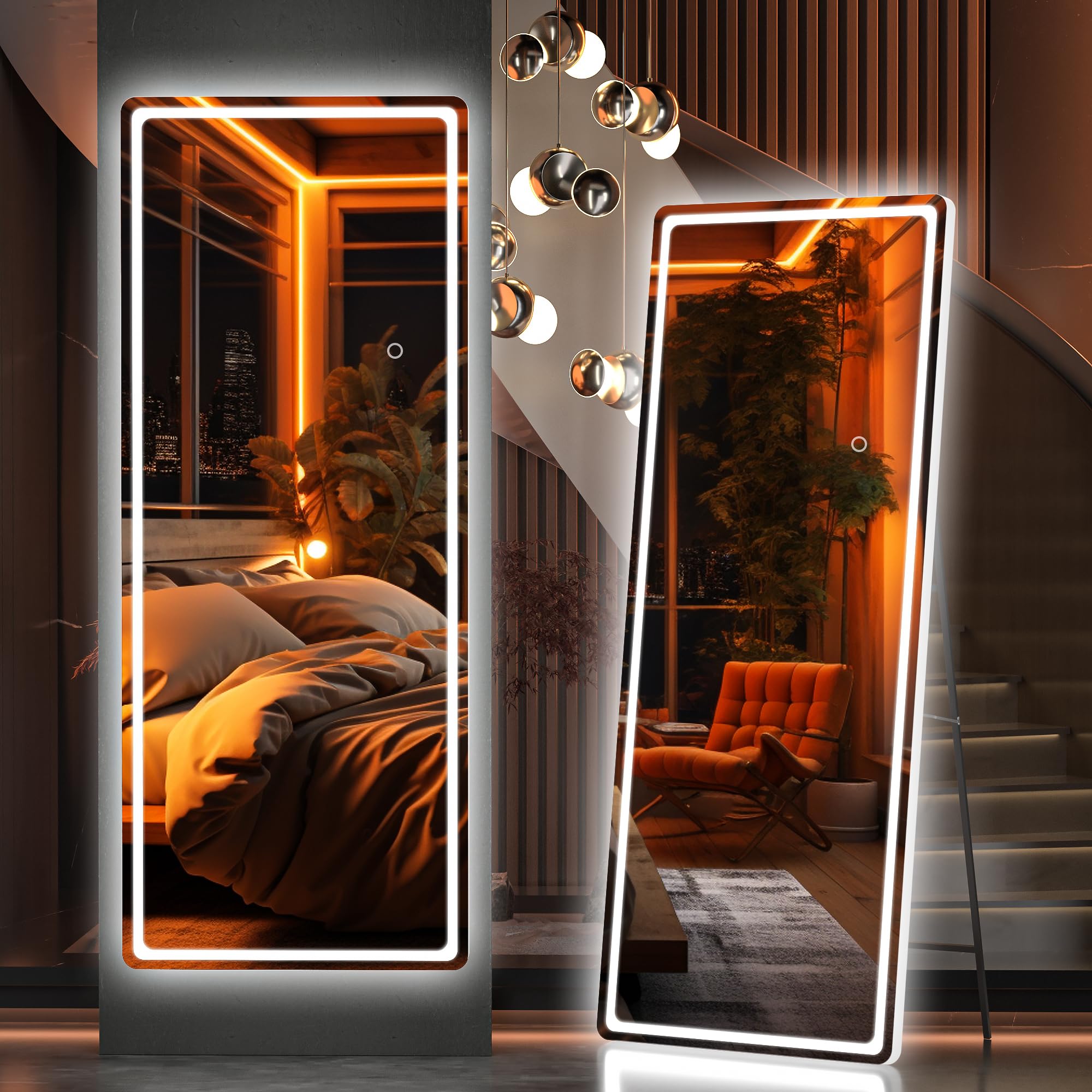 Hasipu Full Length Mirror with Lights, 79" x 36" LED Lighted Floor Standing, Full Body Dressing Hanging Mounted Mirror, Tempered Glass, Square Black