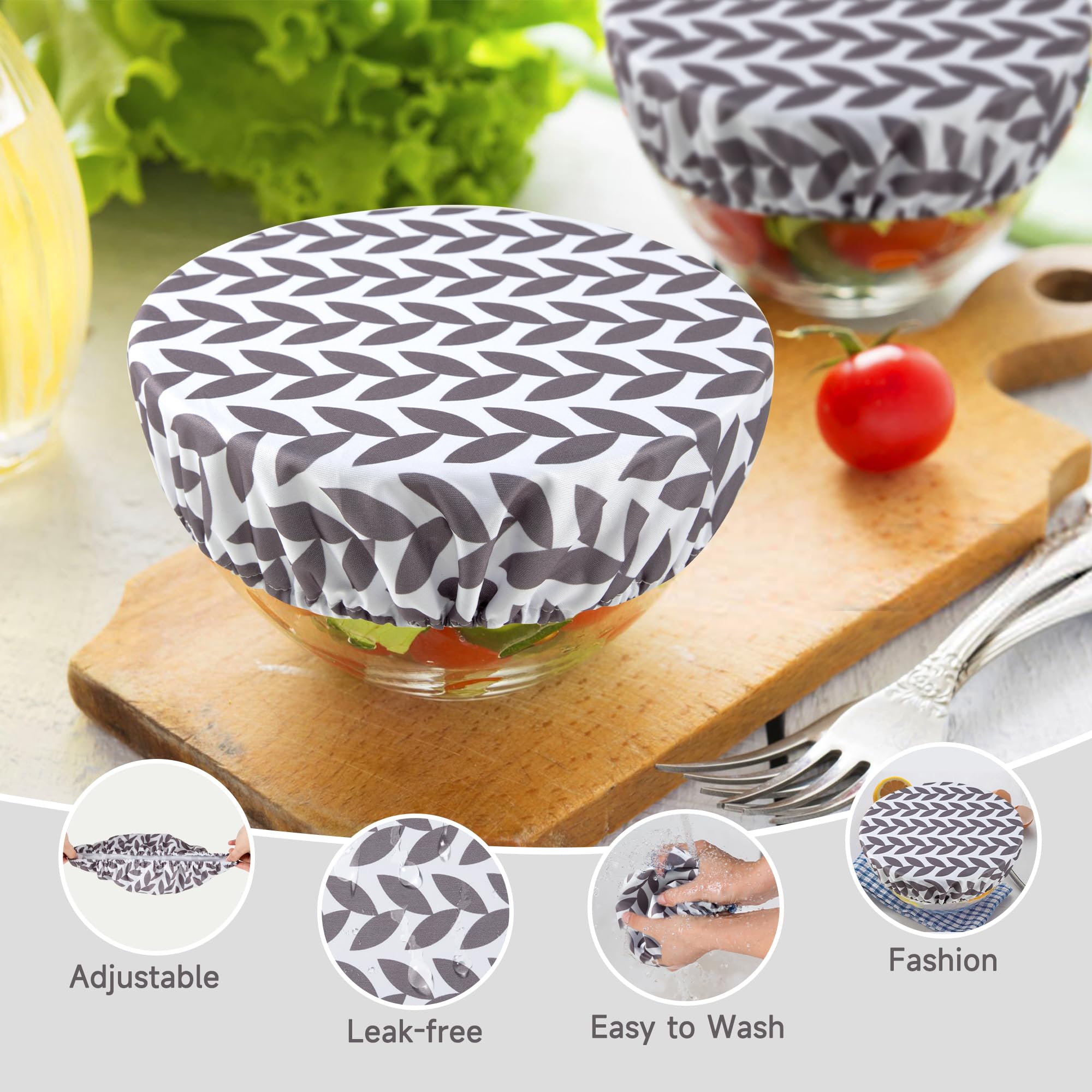 wegreeco Elastic Reusable Bowl Covers for Bread Proofing, Fabric Cloth Sourdough Bowl Covers for Proofing - Set of 3, Grey Leaf