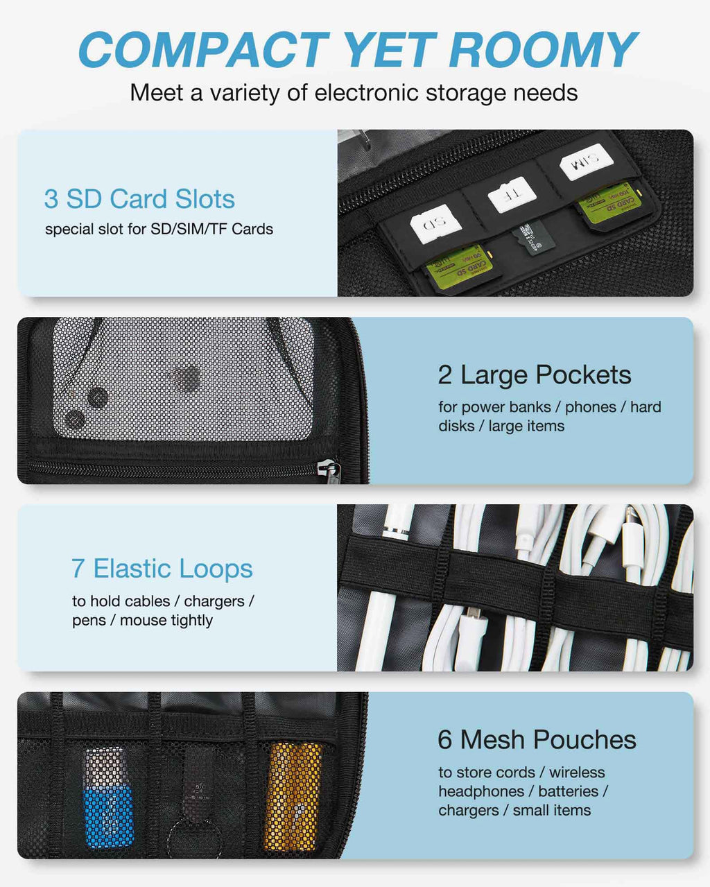 BAGSMART Large Electronics Travel Organizer Case, Tech Accessories Cord Storage Bag for Phone, Power Bank, SD Card, Cables, Black