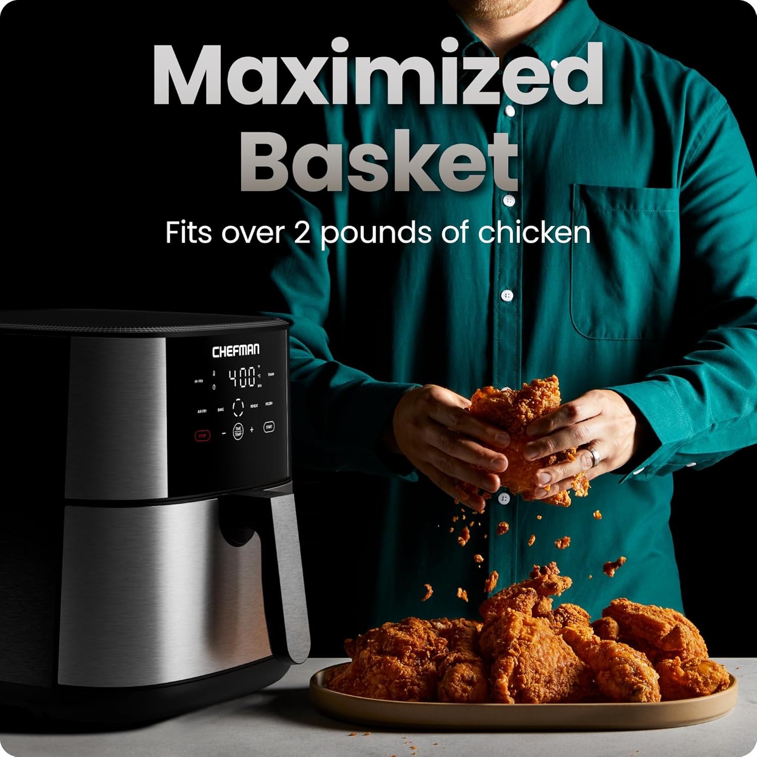 Chefman Air Fryer 8 Qt | TurboFry® 4-in-1 with 450°F Hi-Fry Option for Crispier Results | Bake, Dehydrate, Frozen | XL Nonstick Dishwasher-Safe Basket | Stainless Steel