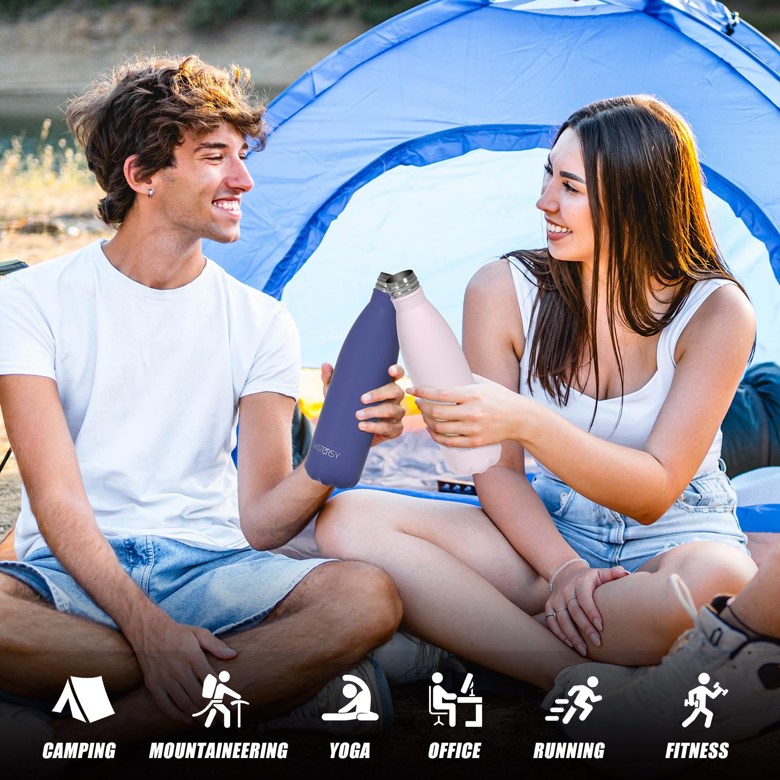 WATERSY Stainless Steel water bottles,17oz/500ml Insulated Water Bottles,Deep Blue metal water bottle Keeps Drink Cold and Hot,BPA Free kids water bottles for School,Gym,Travel,Sports