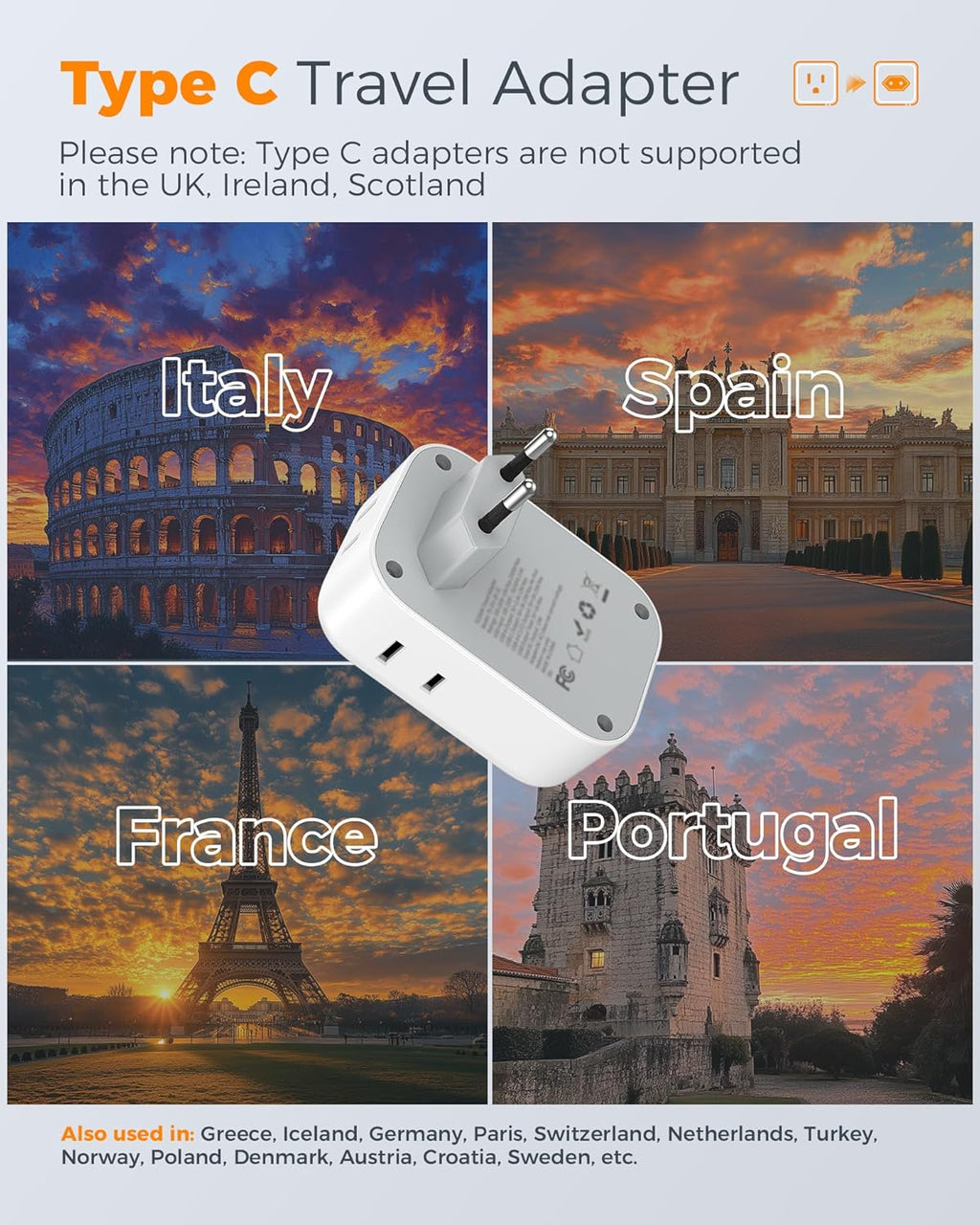 2 Pack European Plug Adapter USB C, TESSAN US to Europe Adapter 4 Outlets 3 USB Charger, Type C International Power Adaptor to Italy Spain France Portugal Iceland Germany, Europe Travel Essentials