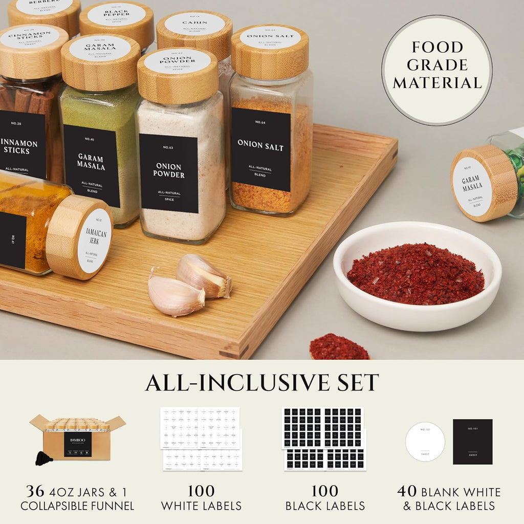 Glass Spice Jars with Label with Bamboo Lids Minimalist 36 Pack Set, 4oz Clear Empty Bottles Seasoning Organizer Jars with Shaker Lids, Small Square Airtight Spice Seasoning Containers Herb Storage