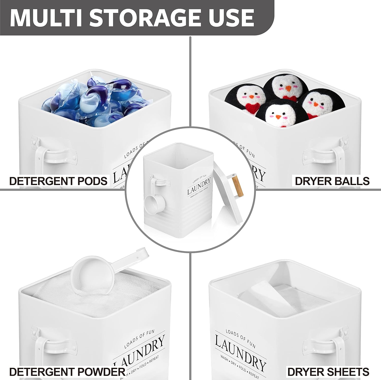 Calindiana Modern Farmhouse Metal Laundry Soap Dispenser Container Holder with Scoop for Laundry Room Decor and Space Saving Laundry Room Organization and Storage, Laundry Powder Container, Black