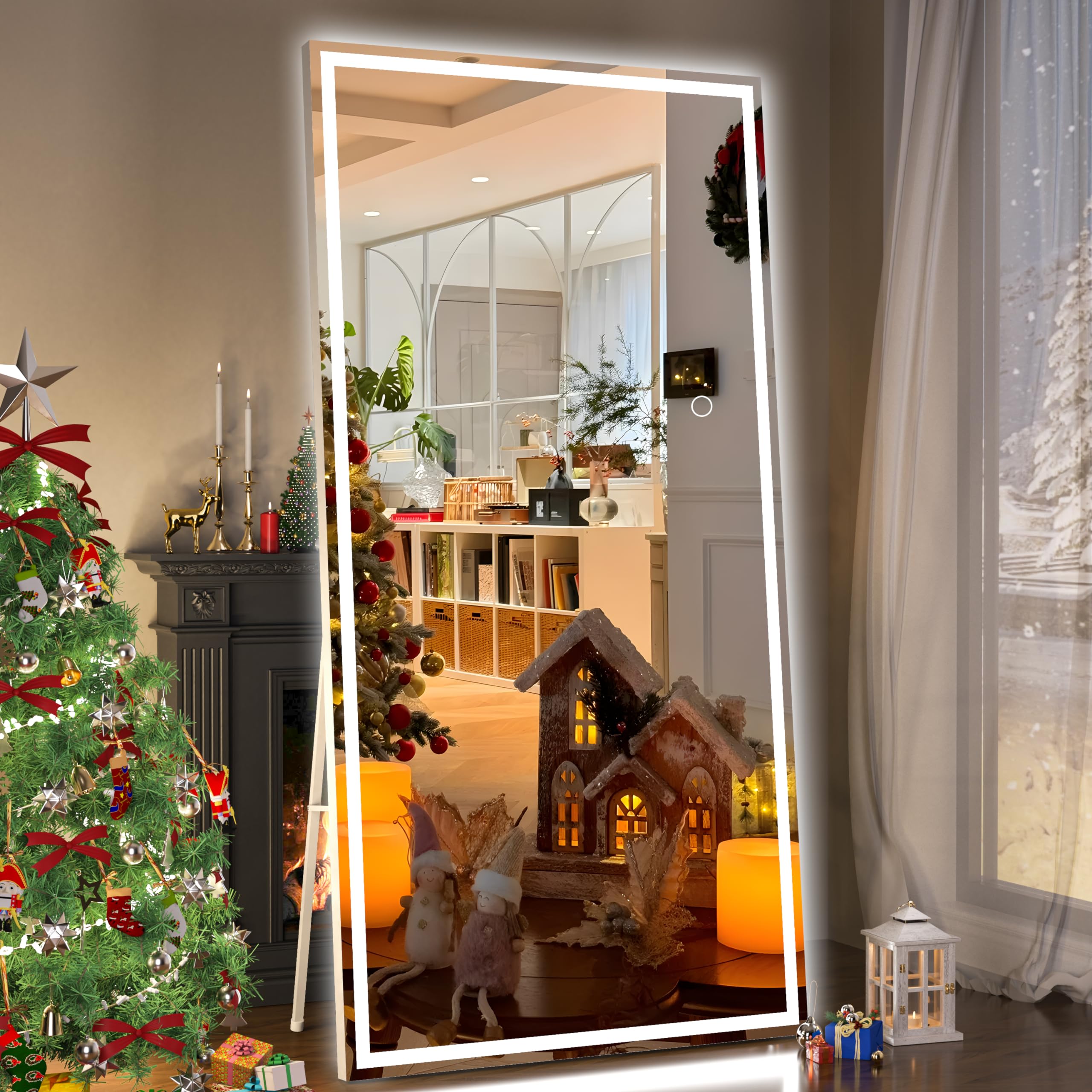 Hasipu Full Length Mirror with Lights, 79" x 36" LED Lighted Floor Standing, Full Body Dressing Hanging Mounted Mirror, Tempered Glass, Square Black