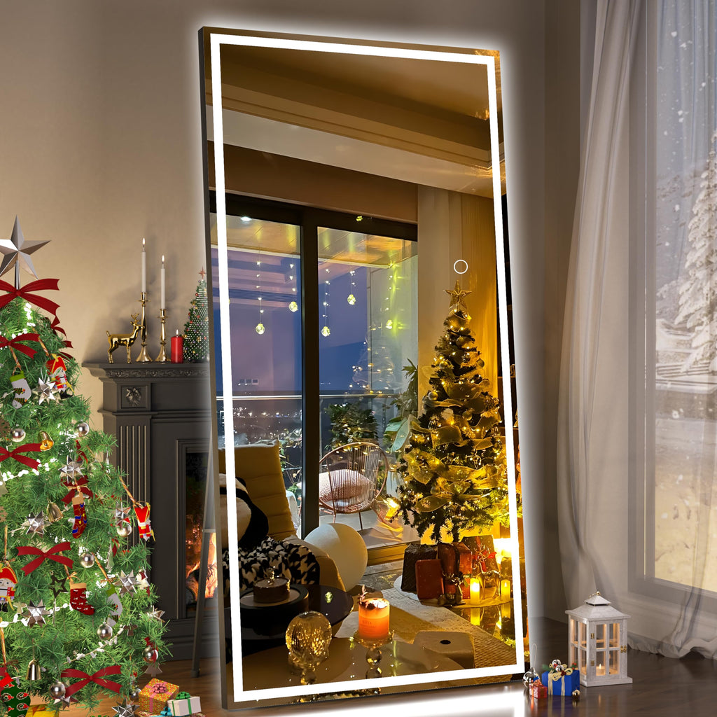 Hasipu Full Length Mirror with Lights, 79" x 36" LED Lighted Floor Standing, Full Body Dressing Hanging Mounted Mirror, Tempered Glass, Square Black
