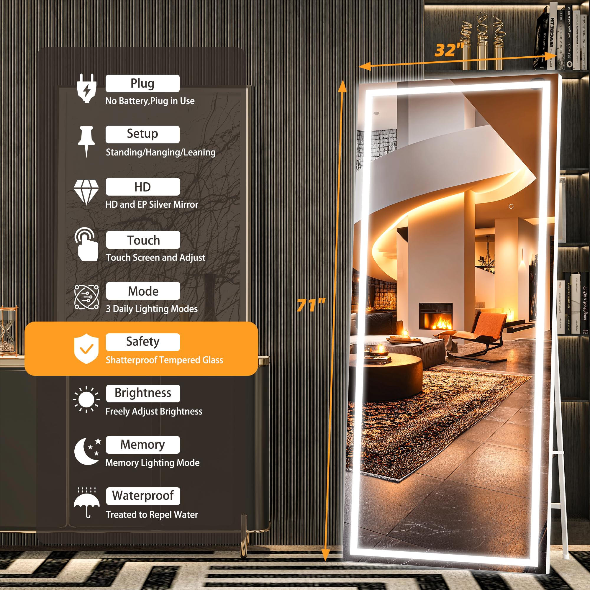 Hasipu Full Length Mirror with Lights, 79" x 36" LED Lighted Floor Standing, Full Body Dressing Hanging Mounted Mirror, Tempered Glass, Square Black