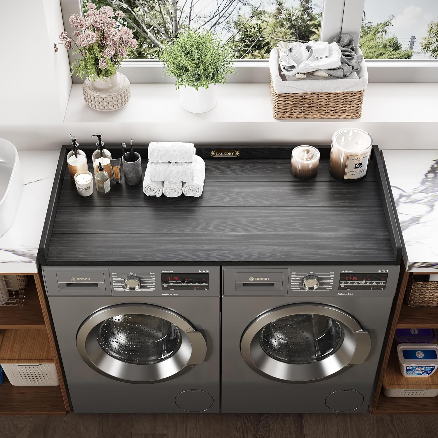 No-installation HDPE Washer Dryer Countertop Washer and Dryer Topper Covers for The Top Laundry Countertop Laundry Room Organization No Water Leakage,Black