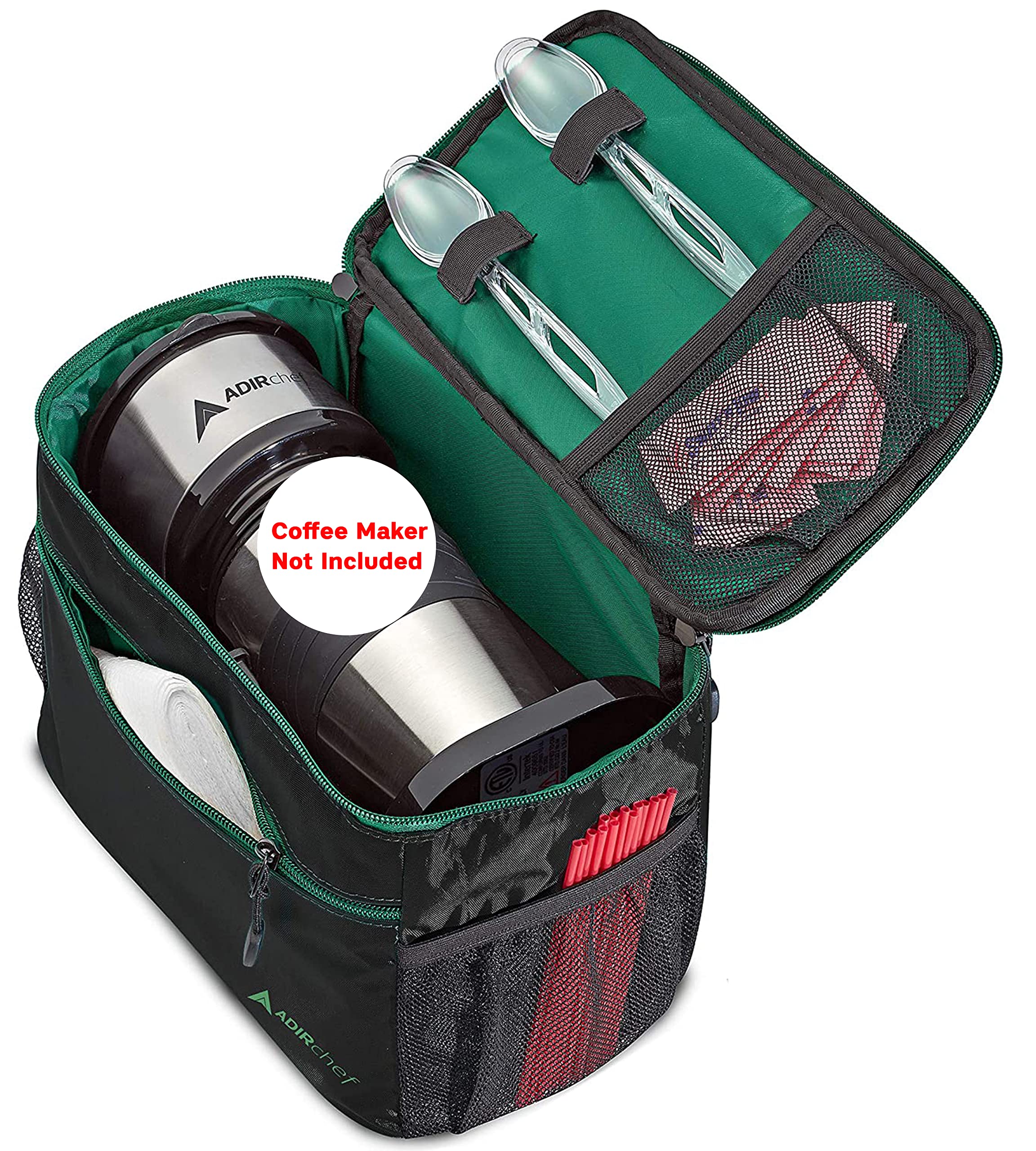 Adir Mini Single Serve Travel Coffee Maker Pouch Organizer, Portable For Travel, Camping, Office Lunch Bag For Grab & Go Daily Use (Black & Green)