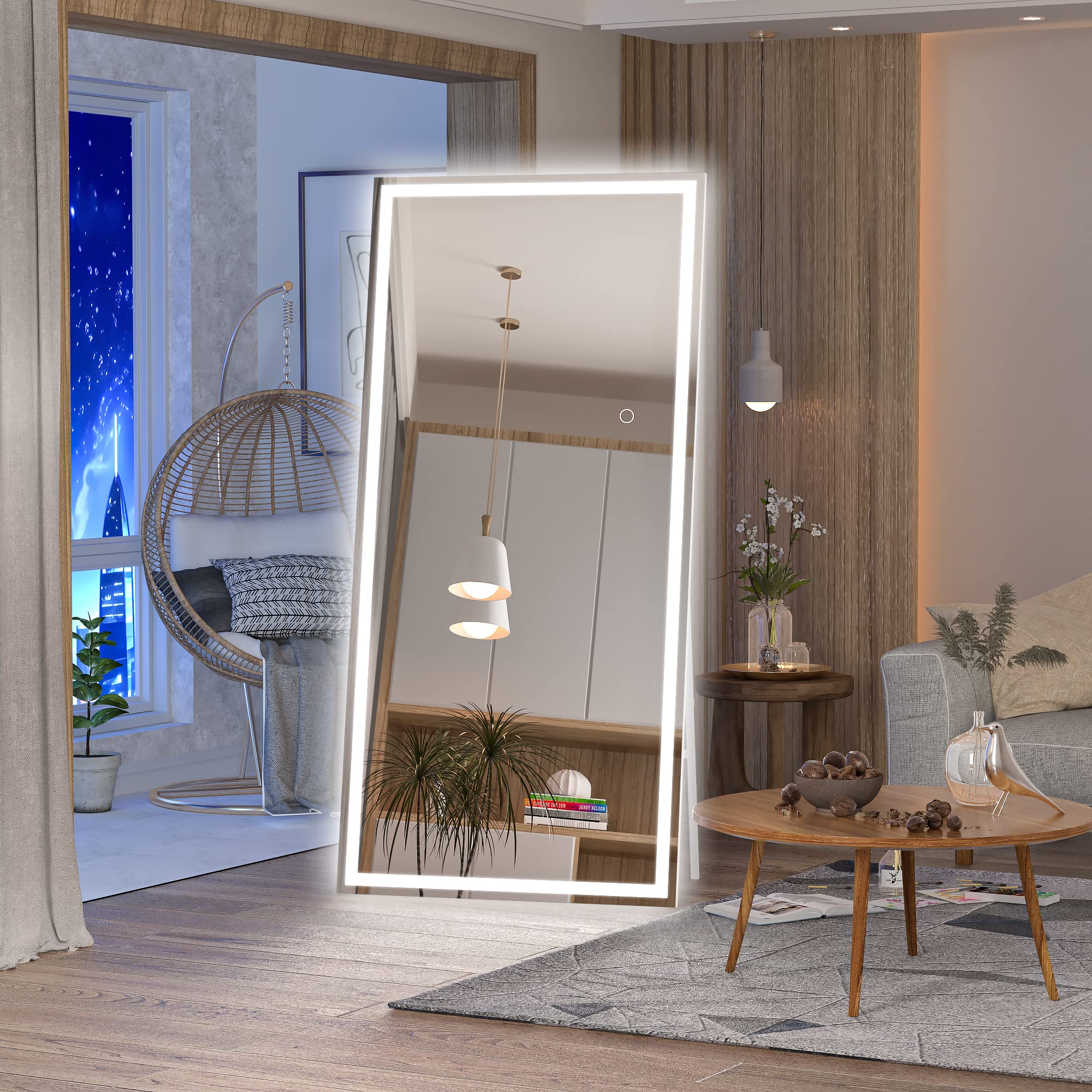 Hasipu Full Length Mirror with Lights, 79" x 36" LED Lighted Floor Standing, Full Body Dressing Hanging Mounted Mirror, Tempered Glass, Square Black