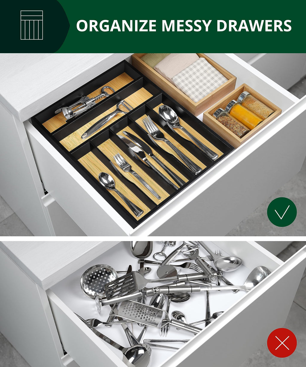 ROYAL CRAFT WOOD Luxury Bamboo Kitchen Drawer Organizer - Silverware Organizer, Utensil Holder & Cutlery Tray Drawer Dividers for Flatware (9 Slot, Natural)