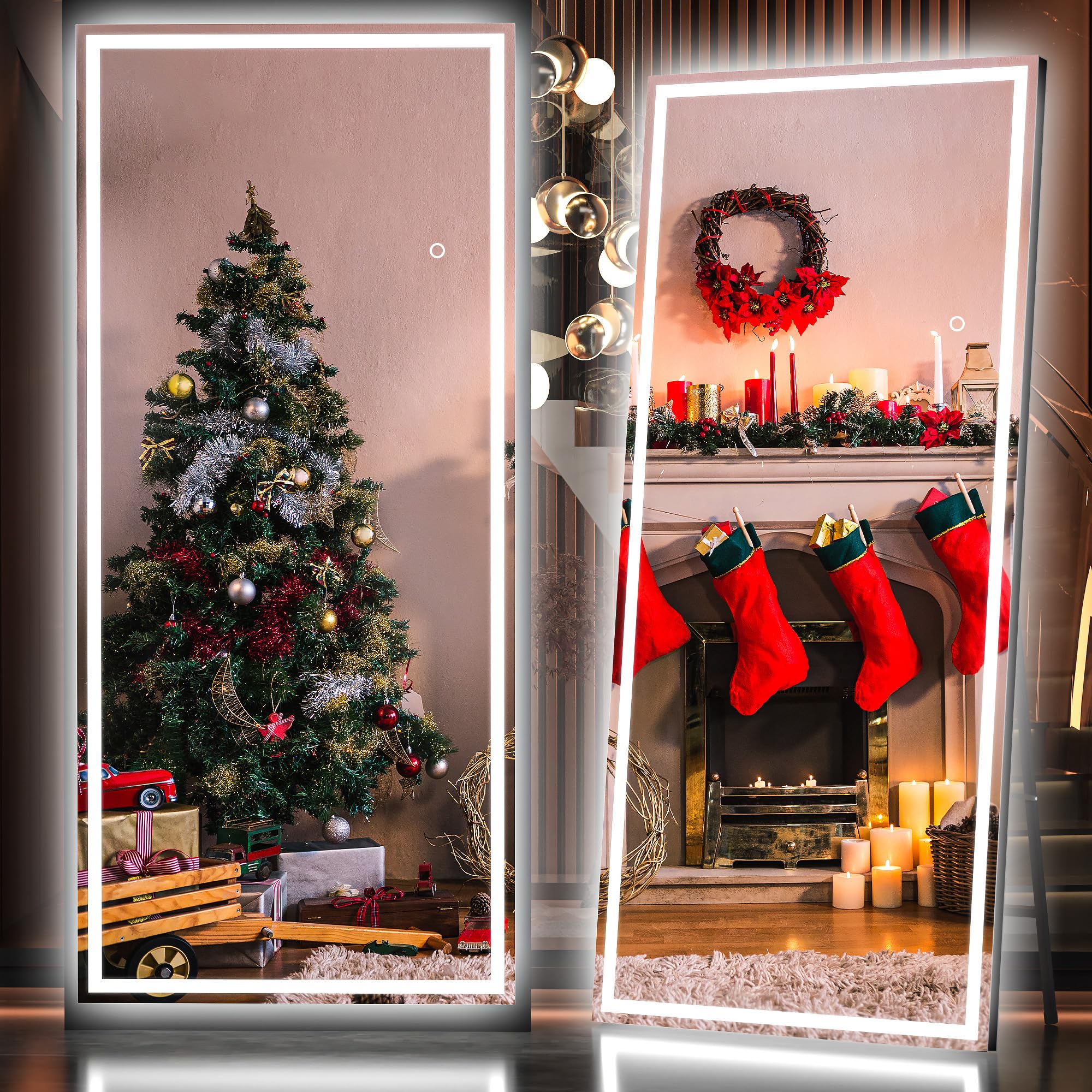 Hasipu Full Length Mirror with Lights, 79" x 36" LED Lighted Floor Standing, Full Body Dressing Hanging Mounted Mirror, Tempered Glass, Square Black