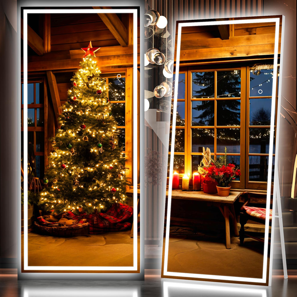 Hasipu Full Length Mirror with Lights, 79" x 36" LED Lighted Floor Standing, Full Body Dressing Hanging Mounted Mirror, Tempered Glass, Square Black