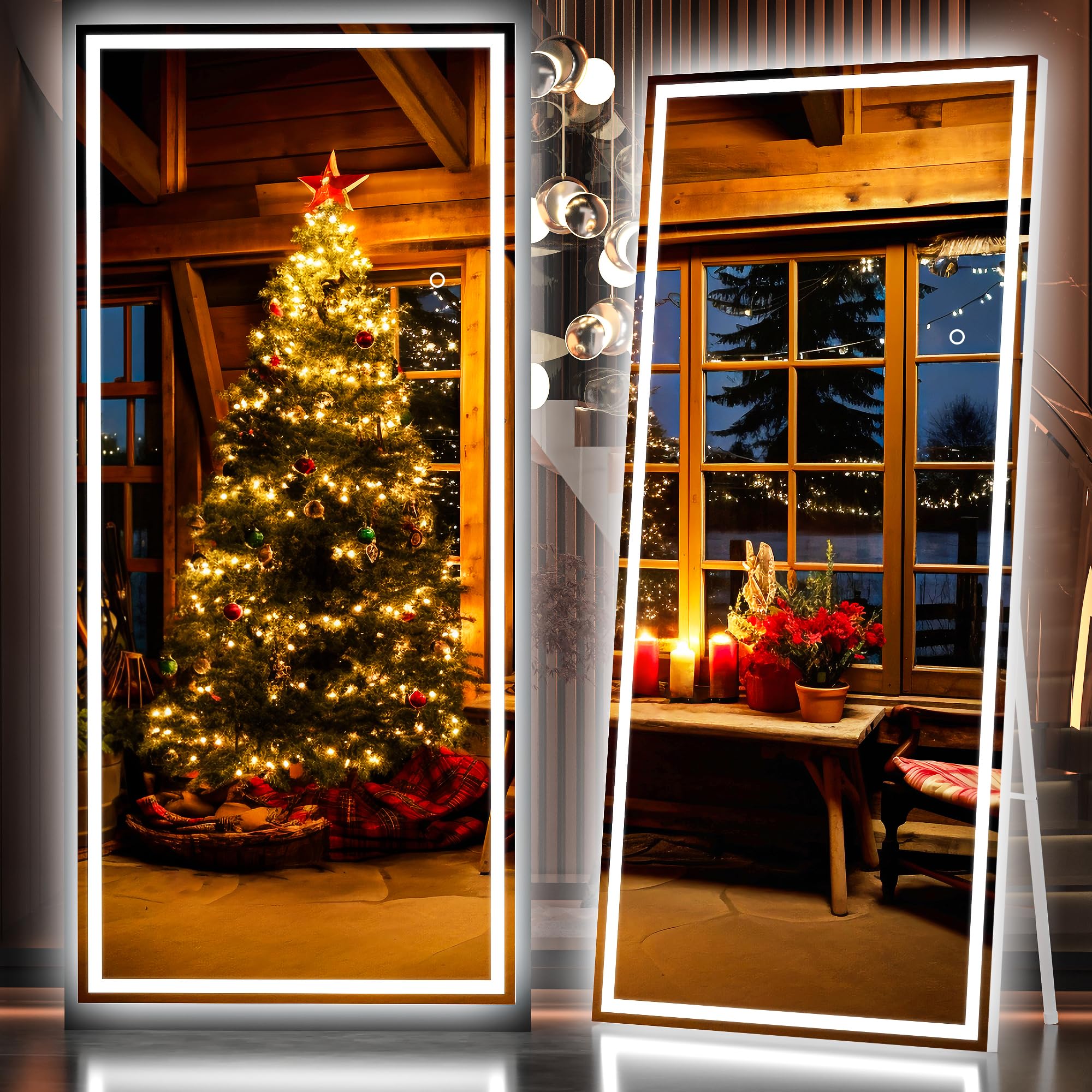 Hasipu Full Length Mirror with Lights, 79" x 36" LED Lighted Floor Standing, Full Body Dressing Hanging Mounted Mirror, Tempered Glass, Square Black