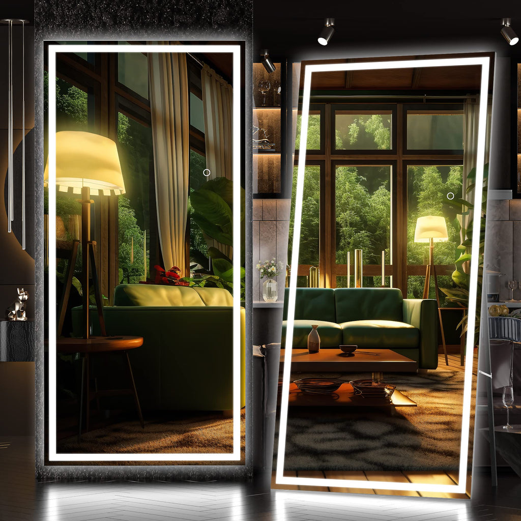 Hasipu Full Length Mirror with Lights, 79" x 36" LED Lighted Floor Standing, Full Body Dressing Hanging Mounted Mirror, Tempered Glass, Square Black