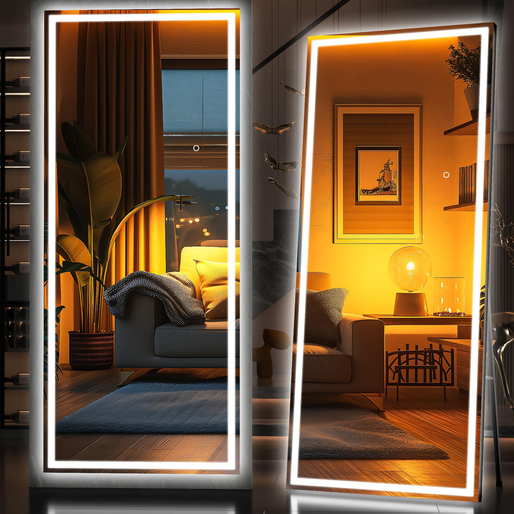 Hasipu Full Length Mirror with Lights, 79" x 36" LED Lighted Floor Standing, Full Body Dressing Hanging Mounted Mirror, Tempered Glass, Square Black