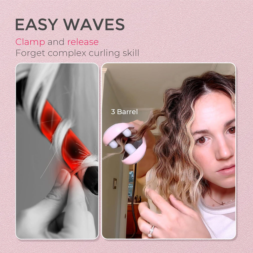 Curling Iron Hair Crimper Waver - TYMO ROVY Beach Waves Curling Wand, Ionic Deep Waver Hair Curler Tool with Ceramic 3 Barrel for Women, Dual Voltage, Anti-Scald, Easy to Use, Pink, 1.25 Inch