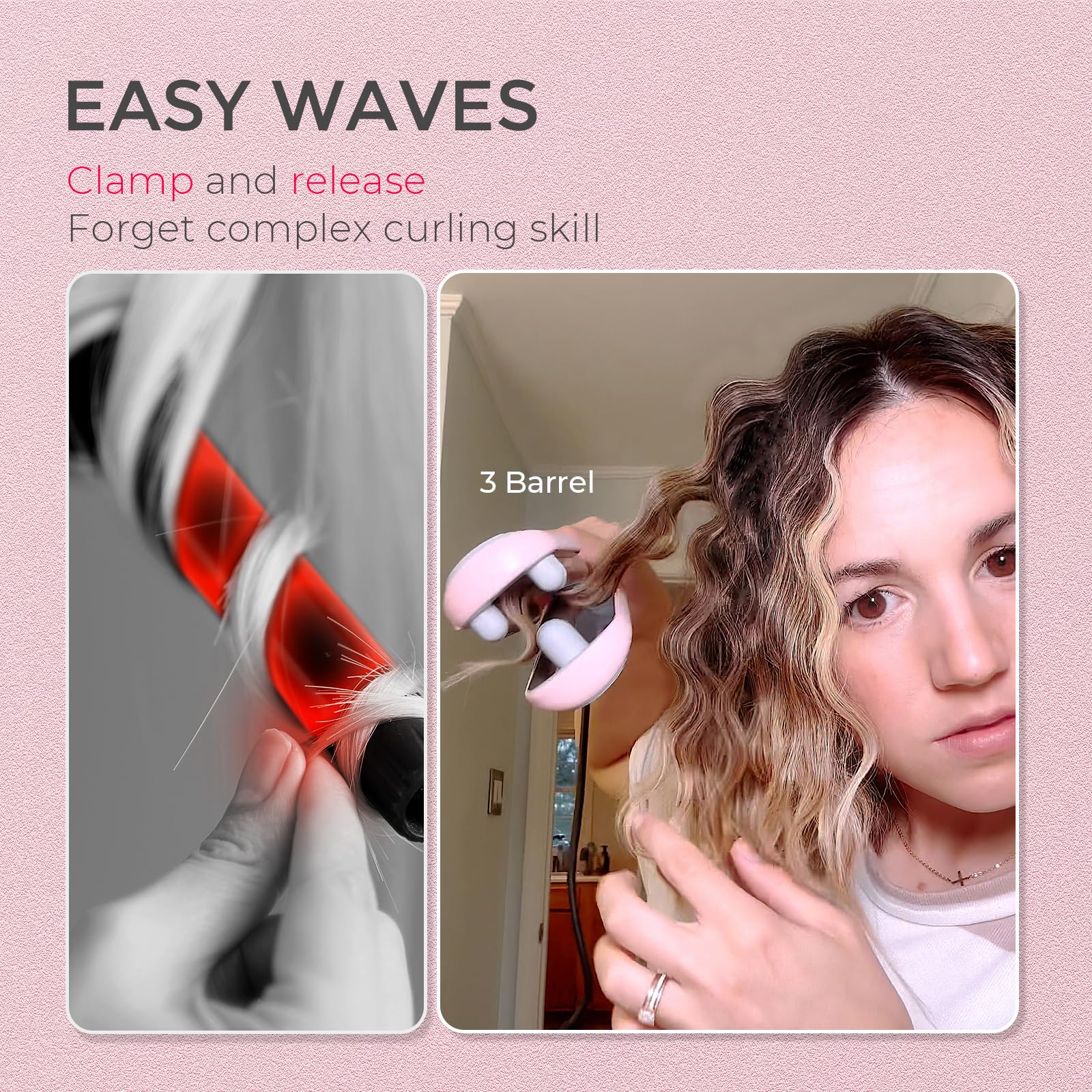 Curling Iron Hair Crimper Waver - TYMO ROVY Beach Waves Curling Wand, Ionic Deep Waver Hair Curler Tool with Ceramic 3 Barrel for Women, Dual Voltage, Anti-Scald, Easy to Use, Pink, 1.25 Inch