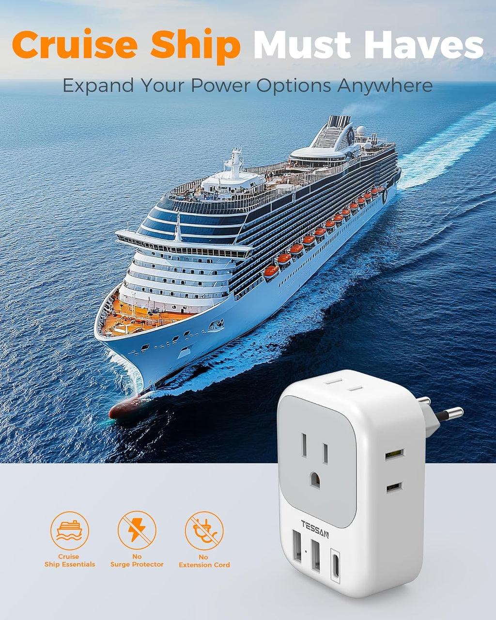 2 Pack European Plug Adapter USB C, TESSAN US to Europe Adapter 4 Outlets 3 USB Charger, Type C International Power Adaptor to Italy Spain France Portugal Iceland Germany, Europe Travel Essentials