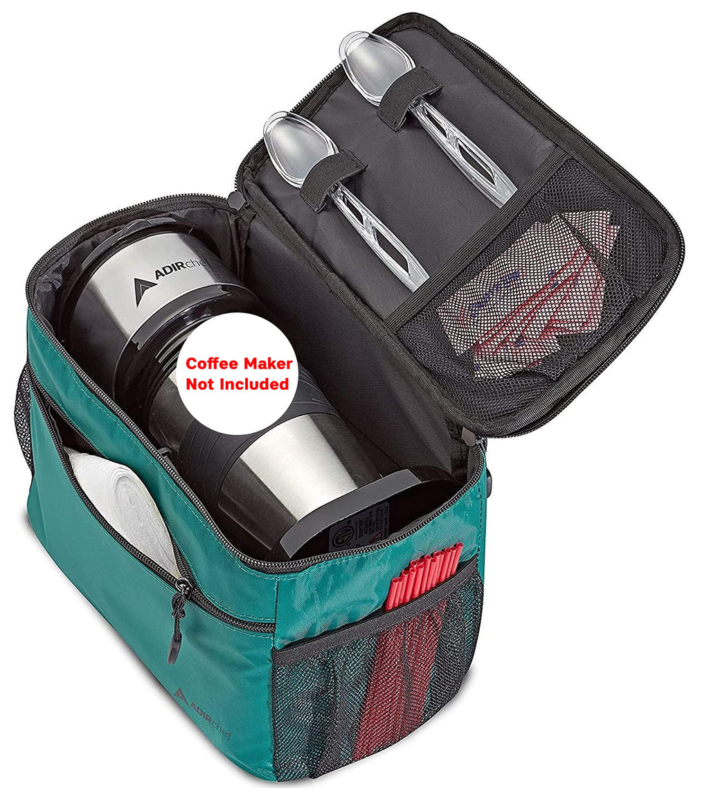 Adir Mini Single Serve Travel Coffee Maker Pouch Organizer, Portable For Travel, Camping, Office Lunch Bag For Grab & Go Daily Use (Black & Green)